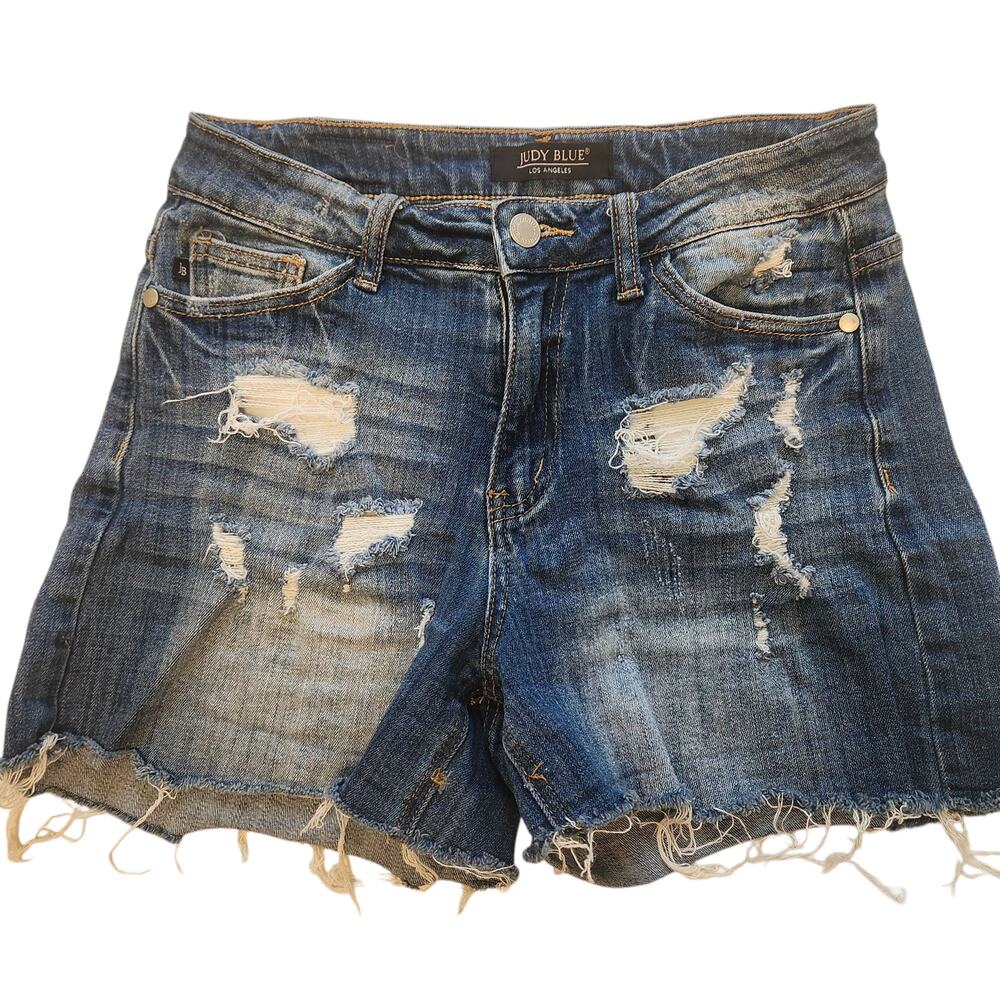 Judy Blue Destroyed Denim Jean Shorts, 3" Inseam, size small, zip & button close